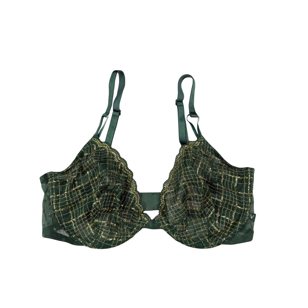 Victorias Secret Green Gold Metallic Lace Unlined Plunge Bra 36D ST 11191857